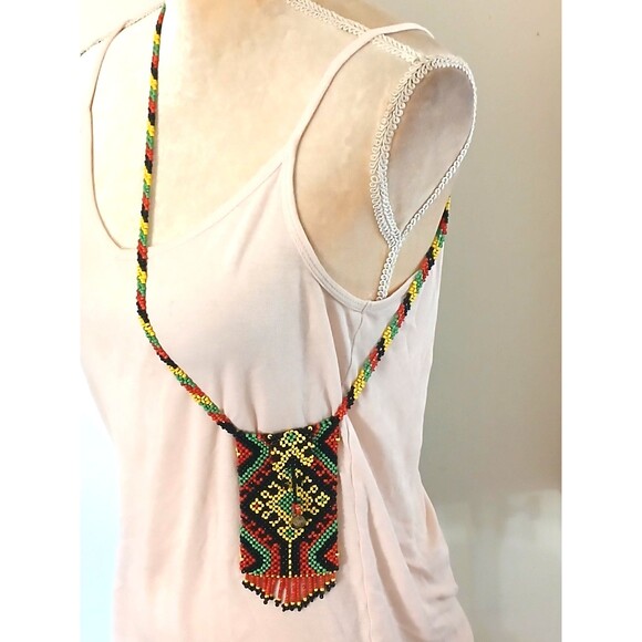 Handmade Colorful Beaded Pouch Mini Bag Tribal Medicine Bag 3"X5" fringed - Picture 3 of 5